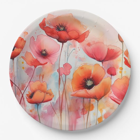 Assiettes En Carton Poppies d'aquarelle rouge dans un champ (Devant)