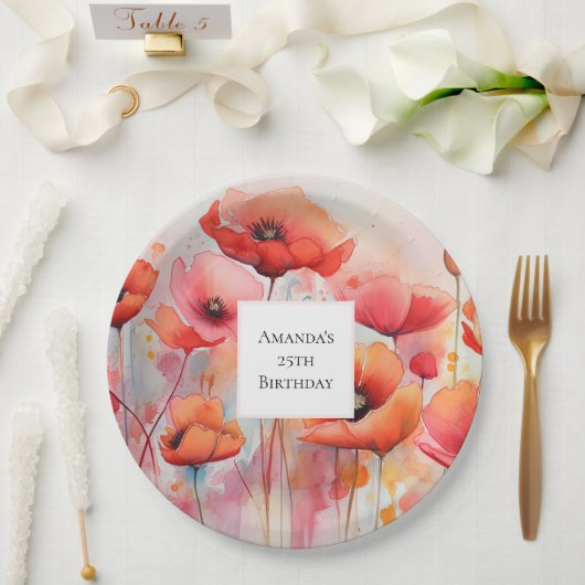 Assiettes En Carton Poppies d'aquarelle rouge dans un champ Anniversai (Mariage)