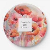 Assiettes En Carton Poppies d'aquarelle rouge dans un champ Anniversai (Devant)