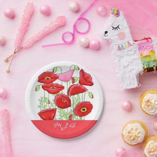 Assiettes En Carton Poppies roses rouges Art Personnalisé Monogramme p (Fête)