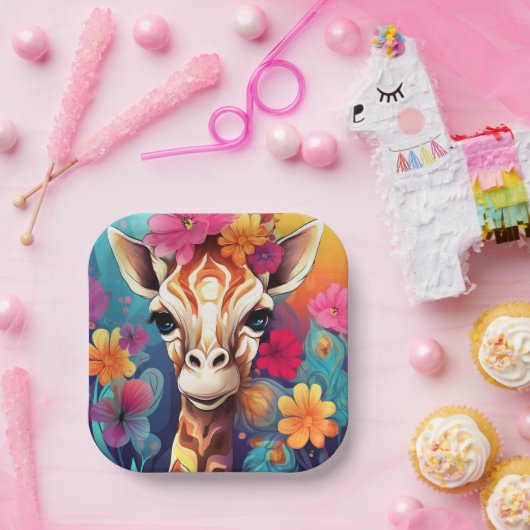 Assiettes En Carton Portrait de la Giraffe florale-9321 (Fête)