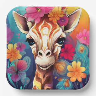 Assiettes En Carton Portrait de la Giraffe florale-9321