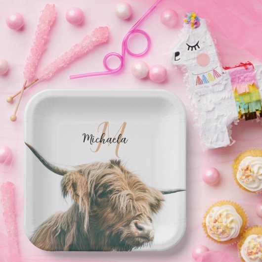 Assiettes En Carton Portrait de vache Highland nom personnalisé monogr (Fête)