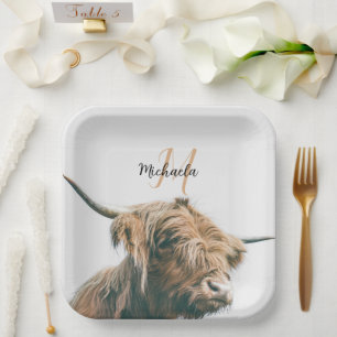 Assiettes En Carton Portrait de vache Highland nom personnalisé monogr