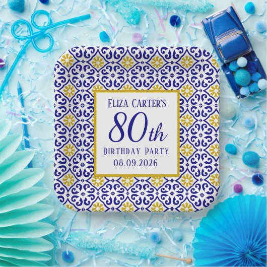 Assiettes En Carton Portugais Carreaux Bleu 80e anniversaire Méditerra (Fête)