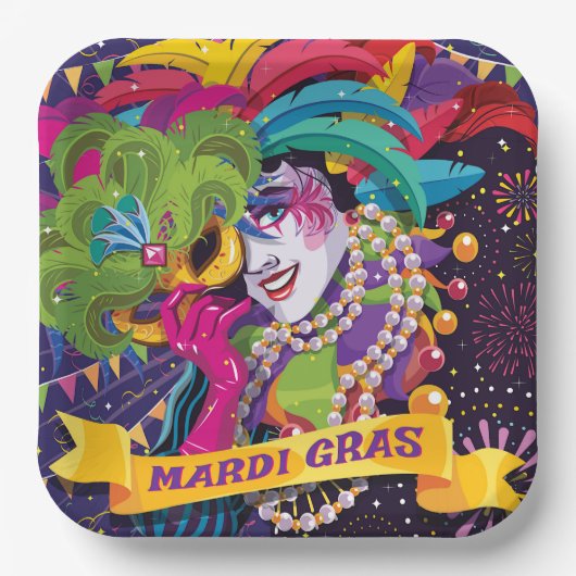 Assiettes En Carton Poster coloré Mardi Gras Masqué (Recto)