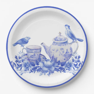 Assiettes En Carton Pot à thé floral bleu et blanc avec oiseaux