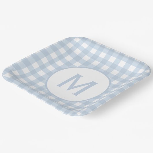 Assiettes En Carton Poudre Pâle Motif Gingham à Monogramme Bleu (Angulaire)