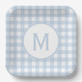 Assiettes En Carton Poudre Pâle Motif Gingham à Monogramme Bleu (Recto)