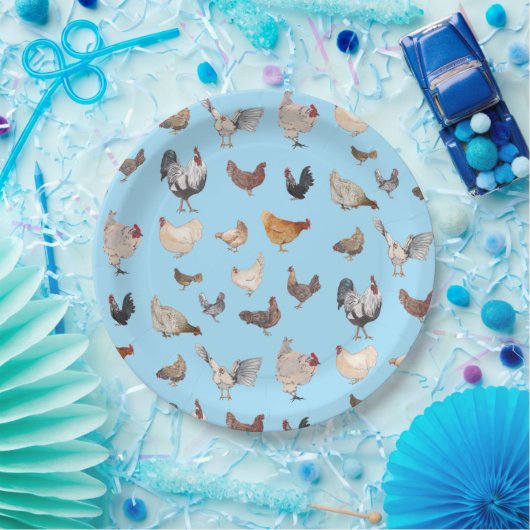 Assiettes En Carton Poulet motif heureux sur bleu (Fête)