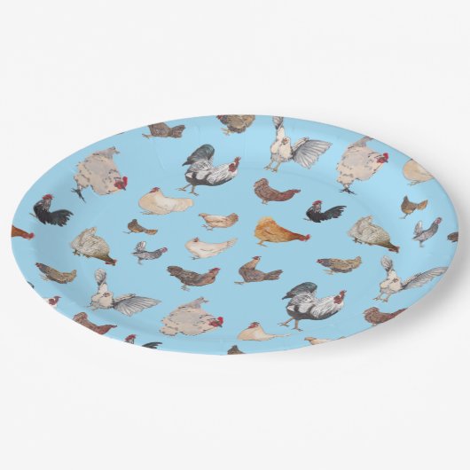 Assiettes En Carton Poulet motif heureux sur bleu (Angle)