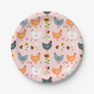 Assiettes En Carton Poulets dans le jardin avec fleurs et insectes