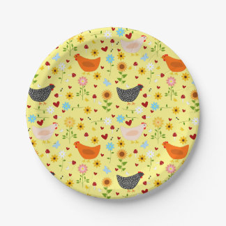 Assiettes En Carton Poulets dans le jardin avec fleurs et insectes