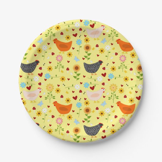 Assiettes En Carton Poulets dans le jardin avec fleurs et insectes (Devant)
