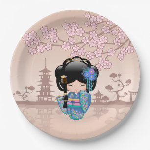 Assiettes En Carton Poupée Keiko Kokeshi - Blue Kimono Geisha Girl