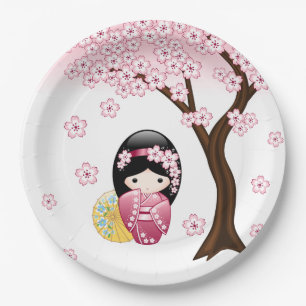 Assiettes En Carton Poupée Kokeshi Printemps - Cute Japonaise Geisha G
