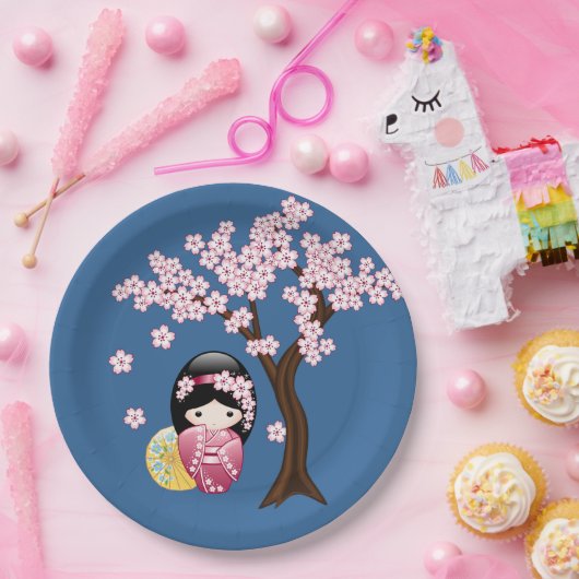 Assiettes En Carton Poupée Kokeshi Printemps - mignonne Geisha Girl su (Fête)