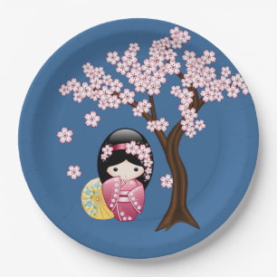 Assiettes En Carton Poupée Kokeshi Printemps - mignonne Geisha Girl su