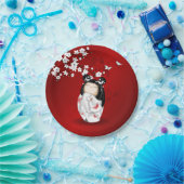 Assiettes En Carton Poupée Kokeshi Rouge Noir Blanc Cerisier Fleurs (Fête)