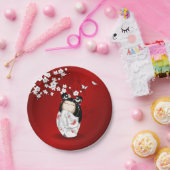 Assiettes En Carton Poupée Kokeshi Rouge Noir Blanc Cerisier Fleurs (Fête)