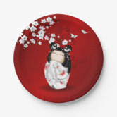 Sticker Rond Poupée blanche Kimono Kokeshi - mignonne Geisha Gi