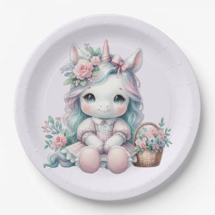 Assiettes En Carton Poupée Licorne Kawaii Pastel avec Panier de Fleurs