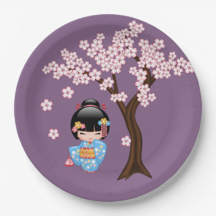 Assiettes En Carton Poupée Maiko Kokeshi - Blue Kimono Geisha Girl