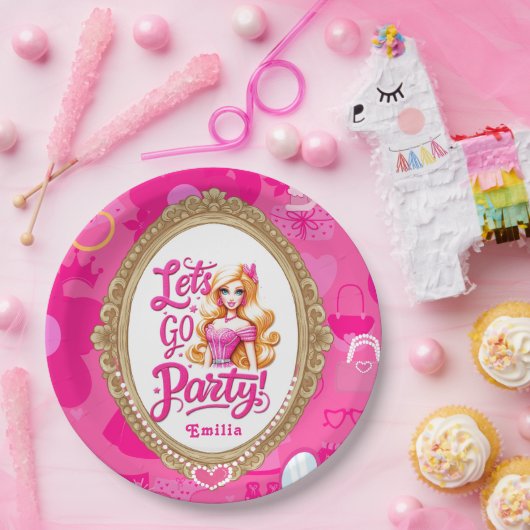 Assiettes En Carton Poupée rétro rose Girly Allons faire la fête Anniv (Fête)
