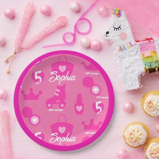 Assiettes En Carton Poupée rose fête d'anniversaire, âge personnalisé, (Fête)