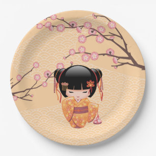 Assiettes En Carton Poupée Ume Kokeshi - Japonaise Pêche Geisha Girl