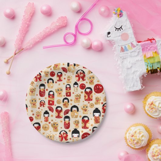 Assiettes En Carton Poupées japonaises - Chats Kokeshi et Maneki Neko (Fête)