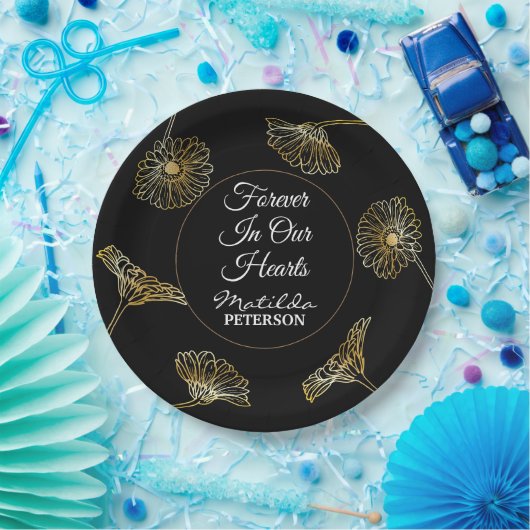 Assiettes En Carton Pour toujours dans nos coeurs Fleurs d'or Funérail (Fête)
