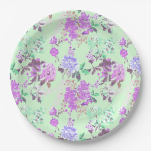 Assiettes En Carton Pourpre floral de vert de menthe de motif de