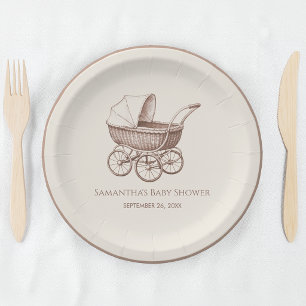 Assiettes En Carton Poussette Vintage Bébé Marron Sépia Baby Shower