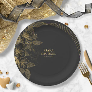 Assiettes En Carton Poussière Or & Outlines Merci Noir/Gld ID835