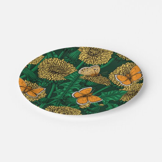 Assiettes En Carton Pré de Dandelion sur vert foncé (Angle)