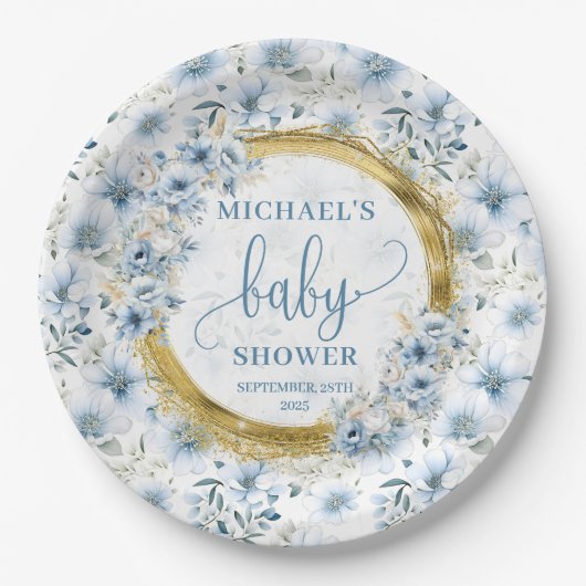 Assiettes En Carton Précieux pastel bleu aquarelle fleurs or garçon (Devant)