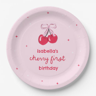Assiettes En Carton Premier anniversaire Cerise avec un nœud rose prép