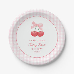 Assiettes En Carton Premier anniversaire Cerise Gingham Rose Fille Un