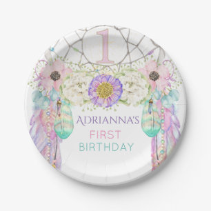 Assiettes En Carton Premier anniversaire Dream Catcher Boho Feathers