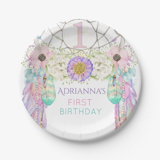 Assiettes En Carton Premier anniversaire Dream Catcher Boho Feathers (Devant)