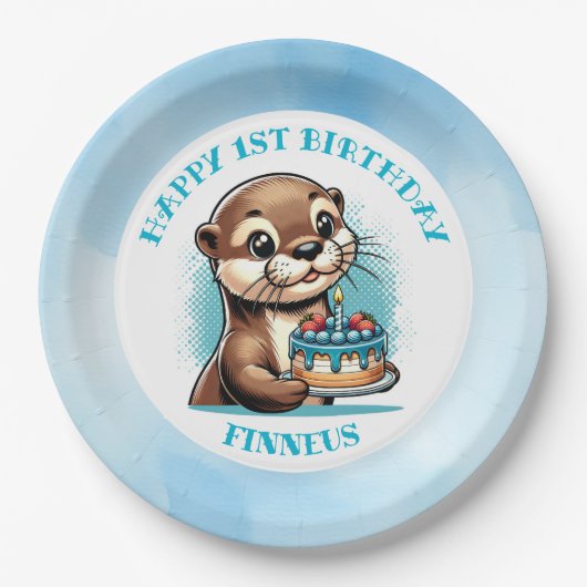 Assiettes En Carton Premier anniversaire du garçon à thème Otter Perso (Devant)