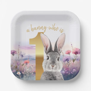 Assiettes En Carton Premier anniversaire Lapin Gris avec Fleurs Sauvag