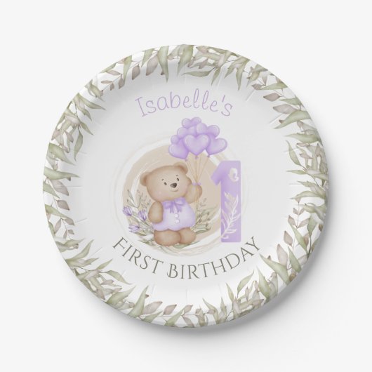 Assiettes En Carton Premier Anniversaire Mignonne Teddy Bear Ballons C (Devant)