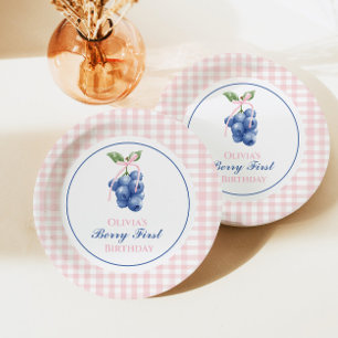 Assiettes En Carton Premier anniversaire myrtille ruban rose Gingham