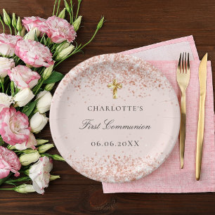 Assiettes En Carton Premier Communion blush rose or nom de parties sci