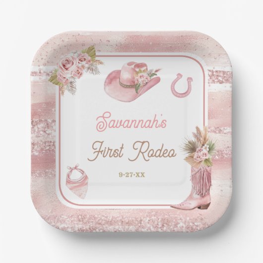 Assiettes En Carton Premier Rodéo Boho Rose 1er Anniversaire (Recto)