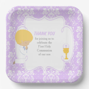 Assiettes En Carton Première Communion Blonde Boy Purple Damask