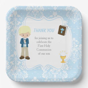 Assiettes En Carton Première Communion Blonde cheveux Merci garçon