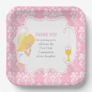 Assiettes En Carton Première Communion Blonde fille rose Damask